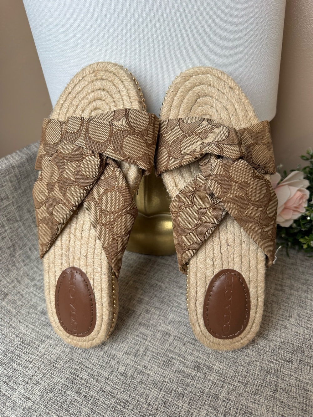 Coach Brown Signature Canvas Knotted Espadrille Slides